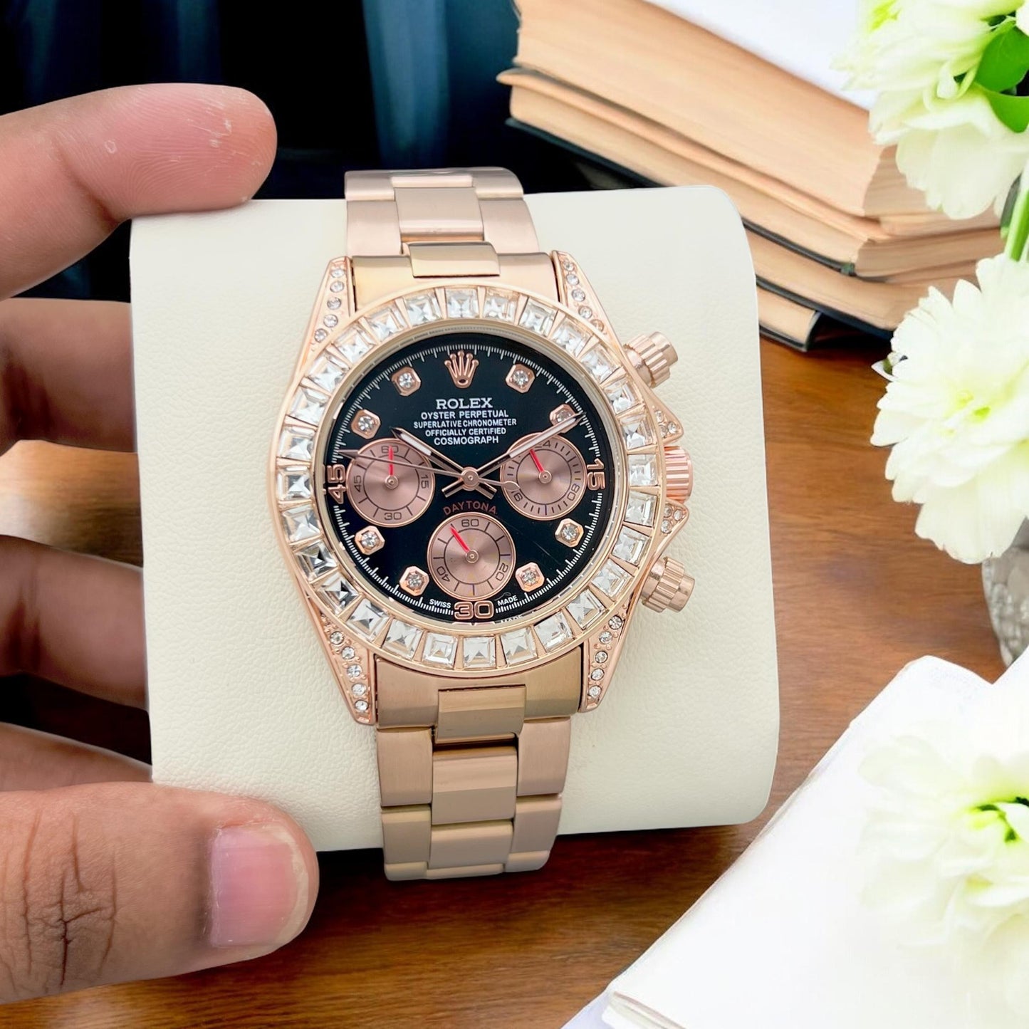Rolex Daytona Rose Gold Chronograph Watch – Luxury Diamond Bezel Timepiece