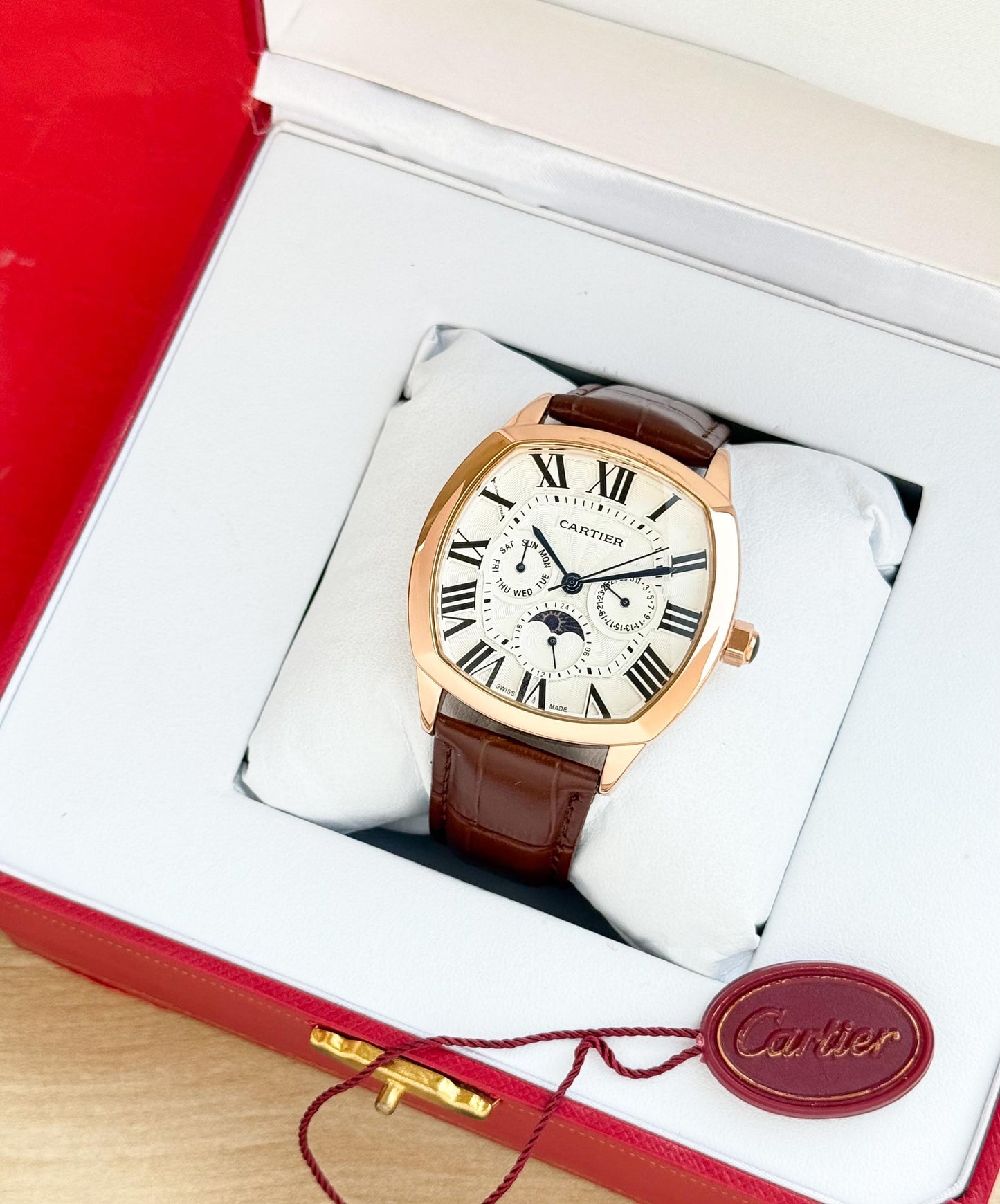 Cartier Paris Moonphase Multifunction Watch – Rose Gold Case with Brown Leather Strap