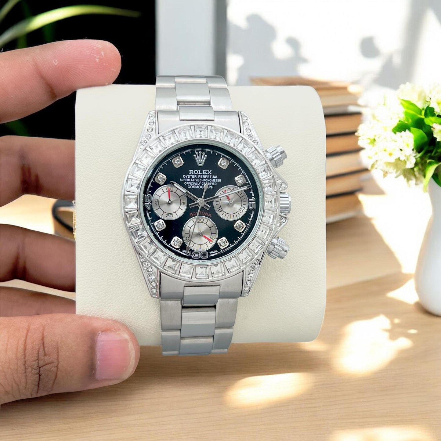 Rolex Daytona Rose Gold Chronograph Watch – Luxury Diamond Bezel Timepiece