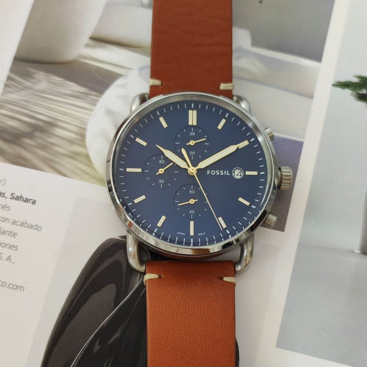 Fossil Chronograph Watch – Navy Blue Dial with Tan Leather Strap