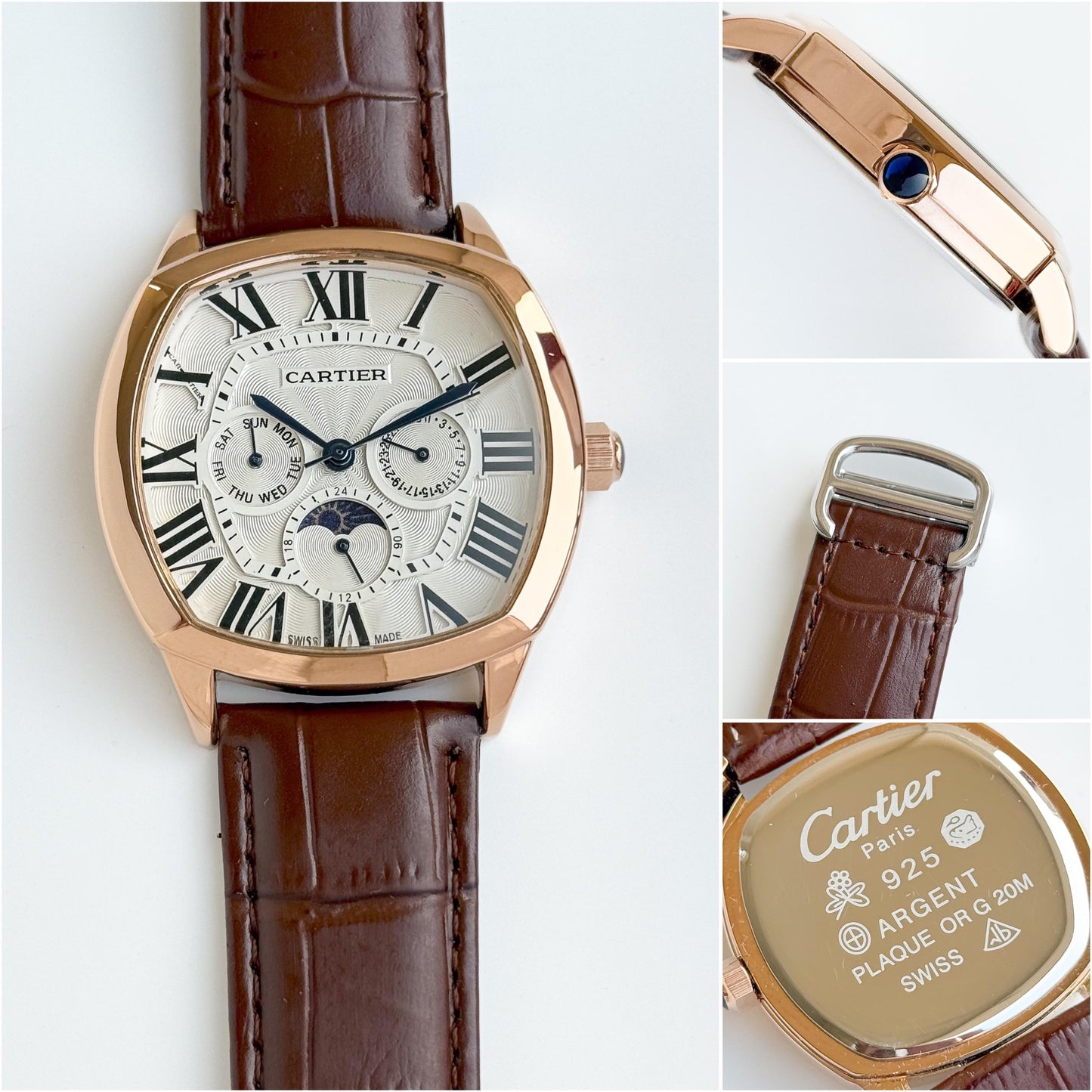 Cartier Paris Moonphase Multifunction Watch – Rose Gold Case with Brown Leather Strap