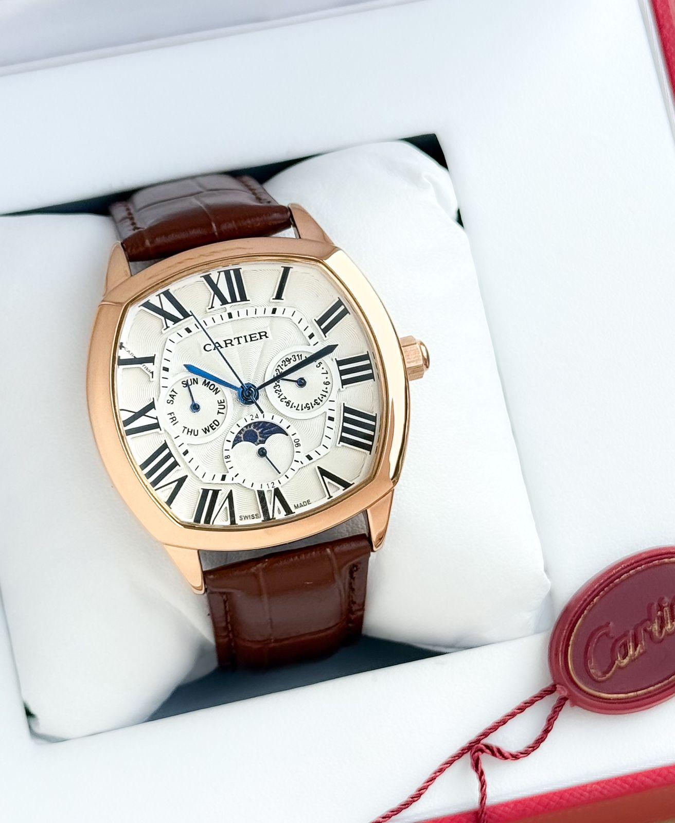Cartier Paris Moonphase Multifunction Watch – Rose Gold Case with Brown Leather Strap
