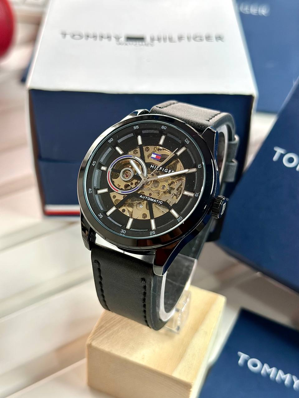 Tommy Hilfiger Automatic Watch – Black Dial with Genuine Leather Strap