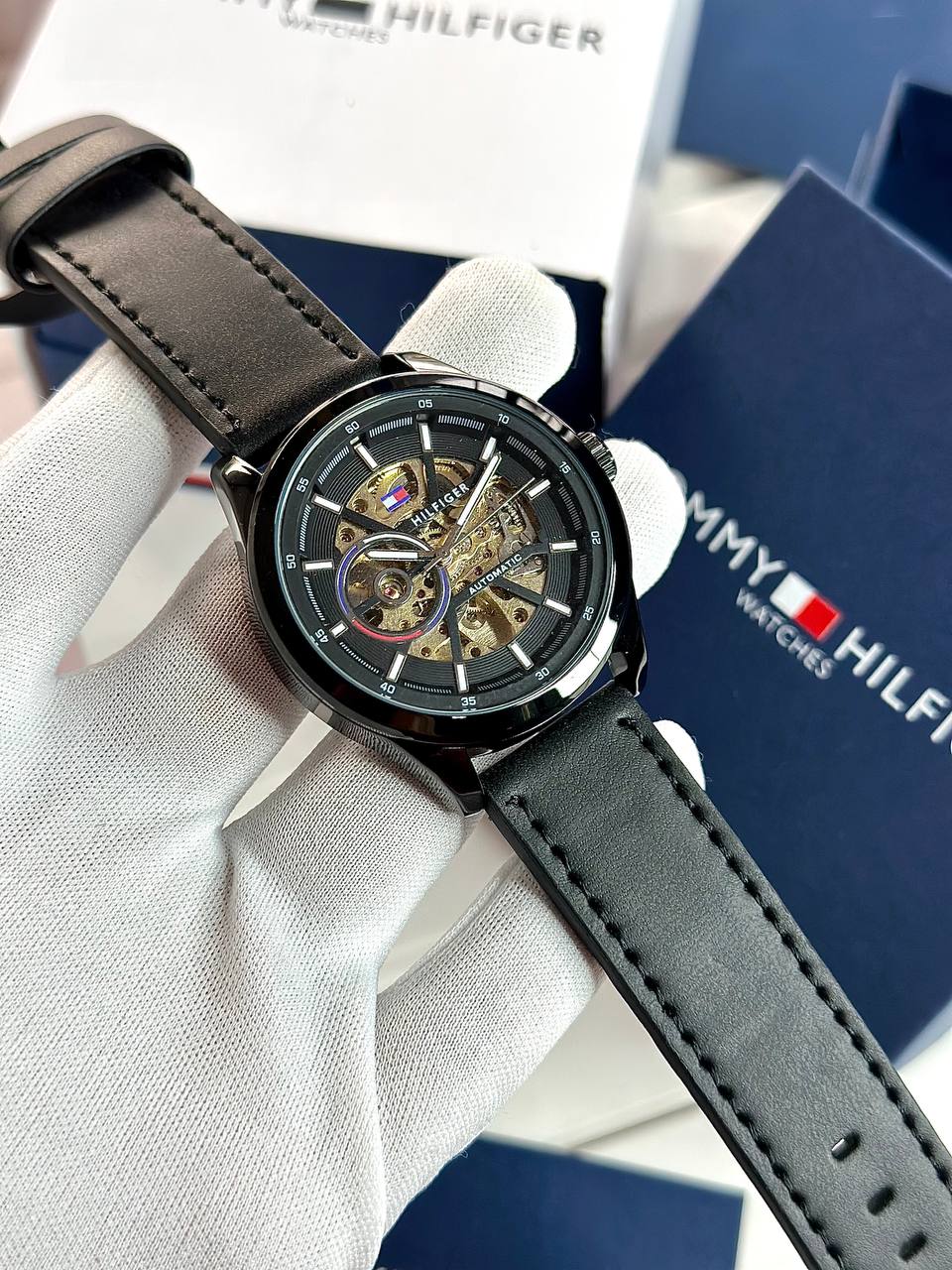 Tommy Hilfiger Automatic Watch – Black Dial with Genuine Leather Strap