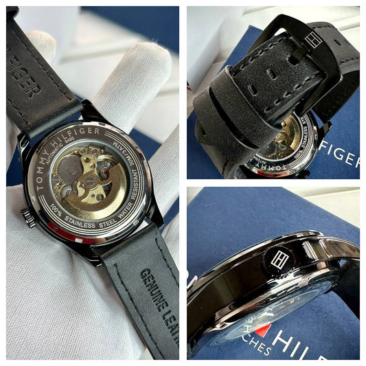 Tommy Hilfiger Automatic Watch – Black Dial with Genuine Leather Strap